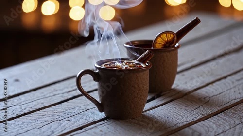 Two rustic mugs filled with steaming mulled wine rest on a wooden table. garnished with cinnamon sticks and orange slices, set against a background of bokeh lights, creating a cozy and warm winter amb