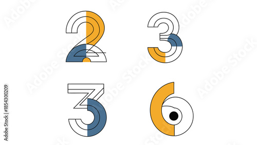 Abstract Geometric Numbers 2 3 3 6 Designs with Yellow and Blue Accents