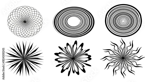 Abstract Geometric Radial Patterns Set of Organic Shapes and Spirals on White Background
