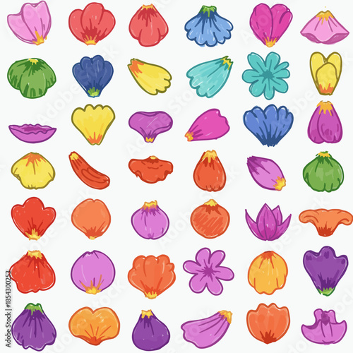 An abundant array of vibrant vector flower petals, hand-drawn in a playful sketchy doodle style, perfect for springtime creative designs and delightful floral arrangements and digital compositions