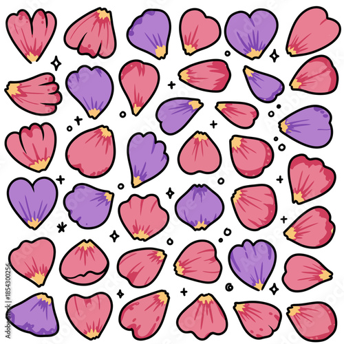 A charming vector illustration showcasing a dynamic array of sketchy flower petals in playful pink and purple hues, scattered with whimsical doodle elements, ideal for vibrant designs