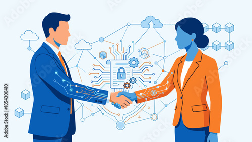Business handshake digital smart contract technology. Blockchain partnership agreement concept. Cyber security deal. Secure transaction network. Fintech future B2B cooperation.