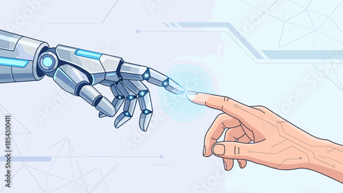 Artificial intelligence concept. Futuristic robot hand touching human hand. Cybernetic technology connection. Machine partnership. Future science innovation. Digital cooperation.