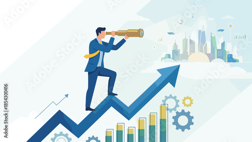 Businessman with telescope on rising arrow graph. Visionary forecasting future success. Financial growth strategy concept. Corporate opportunity search. Market analysis trend prediction.