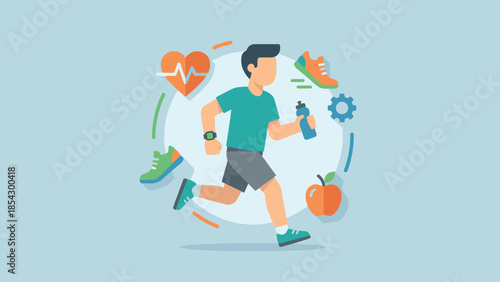 Healthy lifestyle fitness concept. Man running jogging. Sport activity cardio workout. Smartwatch water bottle. Heart rate monitor. Nutrition diet apple. Wellness runner exercise.
