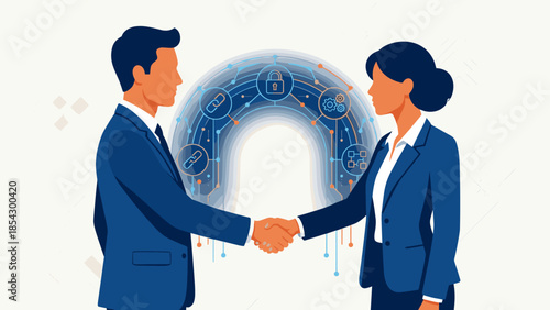 Business handshake concept. Smart contract digital agreement. Blockchain technology. Secure transaction deal. Corporate partnership professionals. FinTech connection. Cyber security.