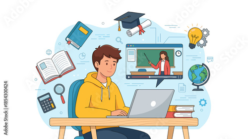 Online education e-learning concept. Student boy studying on laptop. Virtual classroom video lesson. Distance learning school. Digital internet study technology. Home schooling web.