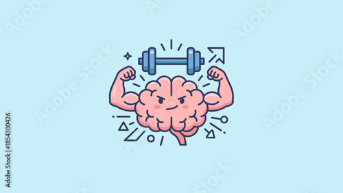 Stylized brain lifting weights dumbbell. Mental strength training concept. Strong mind power workout. Intelligence muscle. Smart thinking. Education. Gym flat vector illustration.