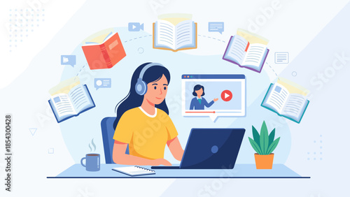 Online education concept. Student girl with headphones and laptop studying. Distance learning e-learning. Video webinar. Virtual classroom. Digital school books floating. Web class.