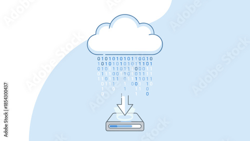 Cloud computing data download concept. Stylized cloud raining binary code numbers into server drive. Digital information transfer storage. Internet network backup technology vector