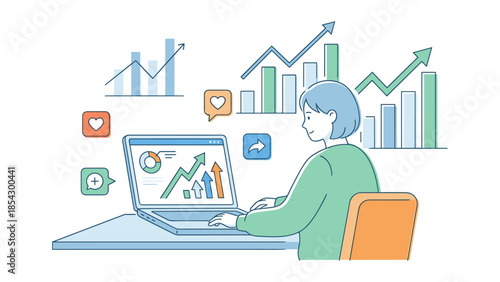 Social media marketing analysis. Woman using laptop. Digital business growth charts. Engagement icons. Online strategy success. SMM promotion. Financial increase. Business vector