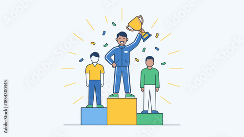Happy champion winner standing on podium holding gold trophy cup. Success victory celebration. First place achievement award. Competition leader win. Confetti. Flat line vector design.