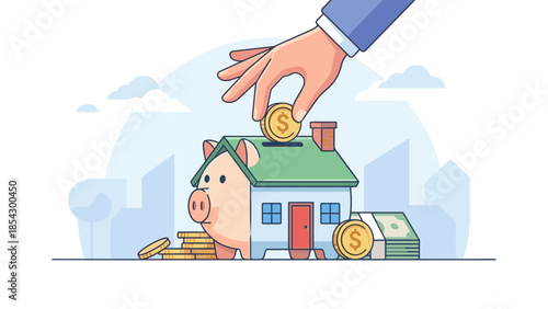 Hand putting coin in house shaped piggy bank. Saving money for new home. Real estate investment mortgage concept. Financial planning buying property. Banking deposit. Finance vector