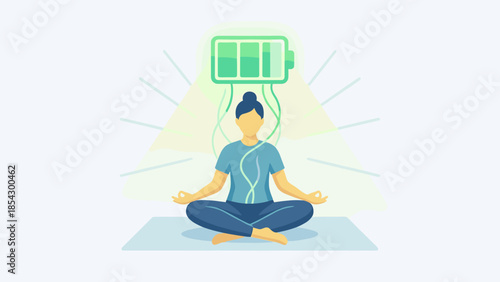 Meditating woman yoga lotus pose. Green battery charging icon. Recharging mental energy concept. Wellness mindfulness. Recovery from burnout. Mental health care. Flat vector illustration