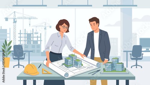 Architect showing blueprint to client. Construction planning. Engineer discussing project. Real estate development. Architectural design presentation. Office teamwork. Building model.