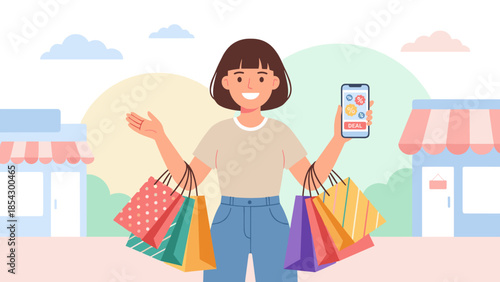 Happy woman shopper holding many bags and smartphone with discount app. E-commerce sale concept. Mobile shopping deal. Retail store background. Consumer lifestyle. Buying vector.