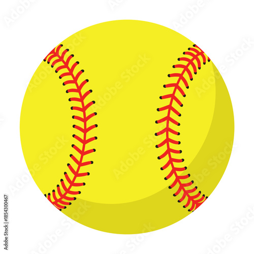 Bright yellow softball ball with red stitching on transparent background, isolated, vector