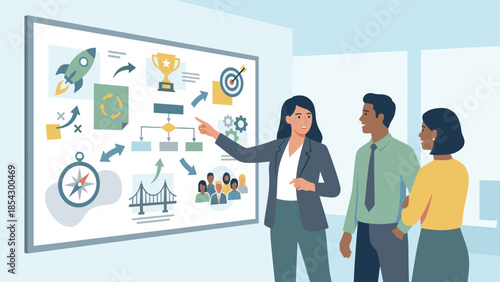Businesswoman presenting strategy on whiteboard to team. Planning goals vision board concept. Management meeting flowchart rocket trophy target icons. Corporate success roadmap. Leader