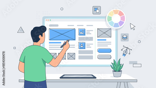 User experience design concept. Web designer creating wireframe. UI interface prototyping. App development process. Creative digital workspace. Technology layout. Vector illustration.