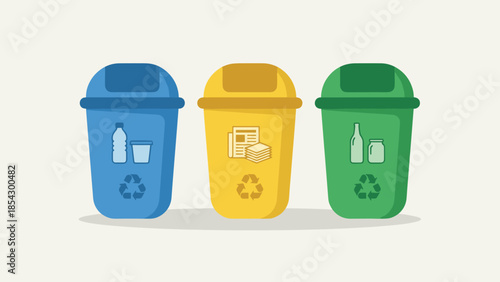 Recycling bins. Waste sorting concept. Blue plastic yellow paper green glass. Eco friendly garbage separation. Trash can icons. Environmental protection. Sustainability. Rubbish.