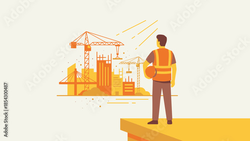 Construction worker looking at building site. Industrial development. Back view man in safety vest holding helmet. City construction with cranes. Urban planning infrastructure concept.