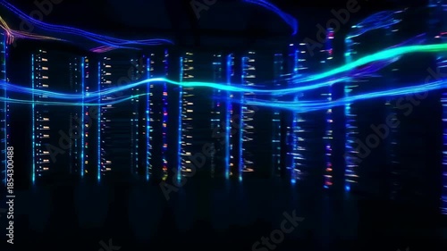 A high-tech data center filled with server racks illuminated by dynamic, colorful light trails, symbolizing fast data flow and virtual connectivity. perfect for technology-themed designs and digital t