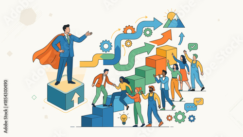 Business leadership concept. Manager with cape guiding team up stairs to success. Motivation and teamwork strategy. Corporate mentor pointing way. Career growth arrows gears.