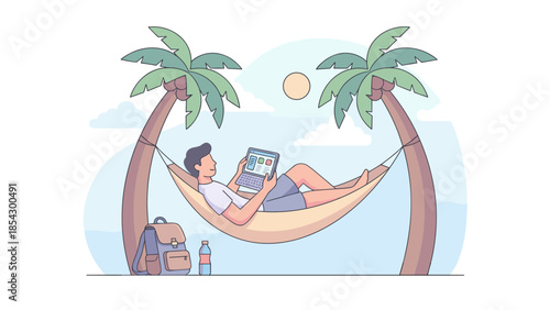 Digital nomad man working remotely on tablet in hammock between palm trees. Freelance lifestyle concept on tropical beach. Summer vacation travel and business. Remote office outdoors