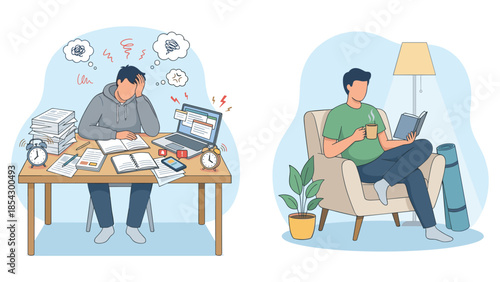 Work stress and burnout prevention. Overwhelmed employee at desk compared to relaxed man reading book. Work life balance. Mental health. Self care. Psychology. Emotional. Anxiety.