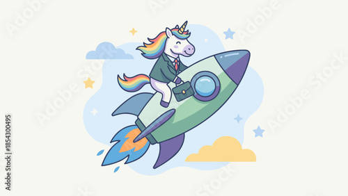 Business unicorn startup concept. Rocket launch. Funny animal in suit riding spaceship. Financial growth symbol. Billion dollar valuation metaphor. Investment market strategy goal
