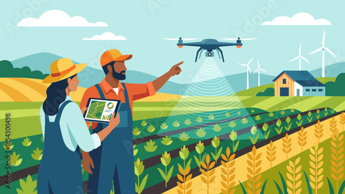 Smart farming agritech concept. Farmers using drone monitor crops. Digital agriculture technology. Man woman tablet. Innovation rural landscape. Sustainable food production. Flat vector.