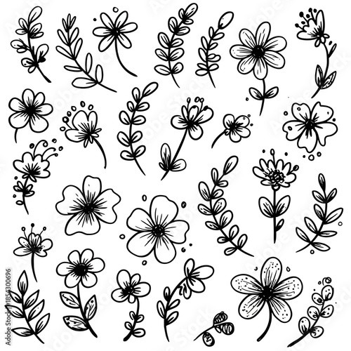Collection of hand-drawn vector plant doodles. Sketchy cartoonish floral elements for decorative design and creative projects. Simple botanical illustrations for a charming touch
