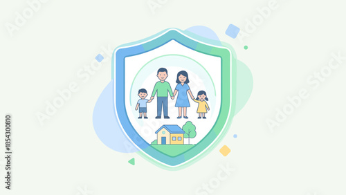 Family life insurance protection concept. Shield icon covering parents children. Safety security metaphor. Home property defense. Secure future. Flat vector illustration. Care symbol.