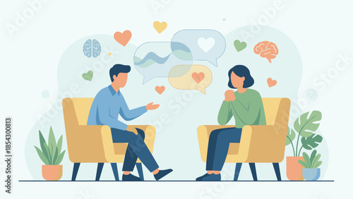 Mental health therapy counseling. Psychologist talking to patient. Psychotherapy conversation support. Emotional wellness help. Psychology consultation. Empathy dialogue. Brain mind.