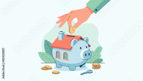 Hand putting gold coin into piggy bank house. Saving for new home concept. Real estate investment. Mortgage down payment. Financial planning. Buying property. Money box.
