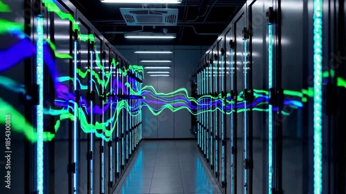 A futuristic data center corridor featuring sleek, illuminated server racks on both sides. digital waveforms in vibrant blue and green streak through the center, symbolizing high-speed network connect