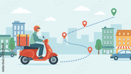 Delivery courier riding red scooter. Logistics route map with location pins. GPS tracking path. Shipping transportation concept. Urban food driver. Fast express moped vector.