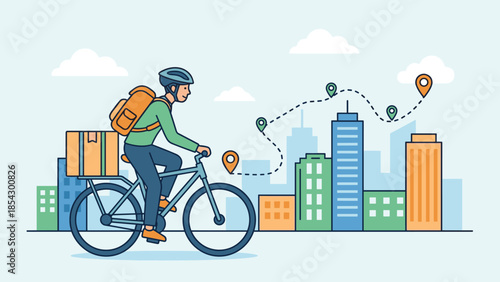 Courier riding bicycle delivering package. Logistics service. GPS route navigation with location pins. Urban transport vector. City skyline. Fast shipping distribution. Tracking.