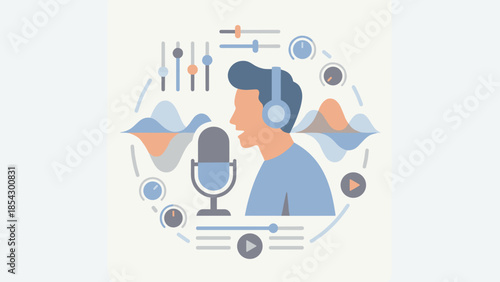 Podcast audio concept. Man speaking into microphone with headphones. Sound waves equalizer. Studio recording broadcast. Radio host voiceover. Digital media production. Streaming online.