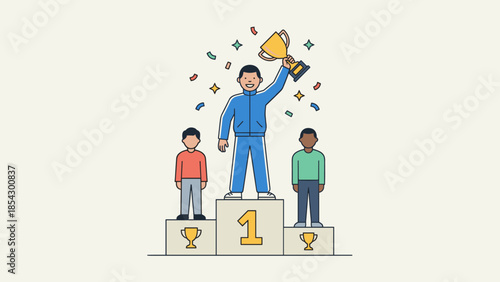 Winner champion standing on first place podium holding gold trophy cup. Success celebration with confetti. Winning competition award prize. Victory achievement. Leadership concept.