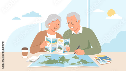 Happy senior couple planning summer trip. Retirement lifestyle. Elderly man and woman with brochure and world map. Vacation preparation. Pensioners tourists. Flat vector illustration