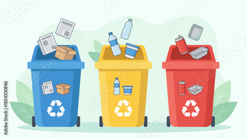 Recycling bins set for waste segregation. Trash sorting containers for paper plastic metal. Garbage management concept. Eco lifestyle. Separate rubbish collection. Flat vector.