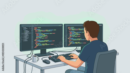 Programmer typing code on dual monitors. Software developer working at desk. Binary code matrix background. IT professional workspace. Coding technology concept. Back view.