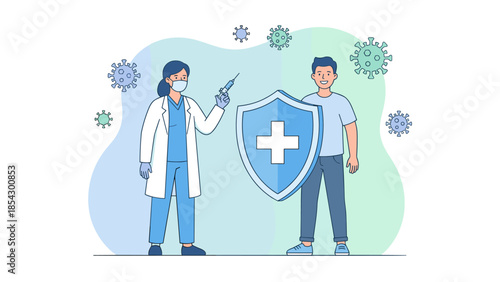 Healthcare vaccination concept. Doctor nurse holding syringe vaccine. Patient protected shield against virus. Immunity health safety. Medical injection flu shot. Immunization defense.