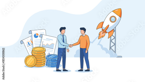 Startup funding investment. Businessmen shaking hands. Rocket launch success. Entrepreneur deal investor. Financial growth. Capital venture. Money stacks. Partnership agreement concept