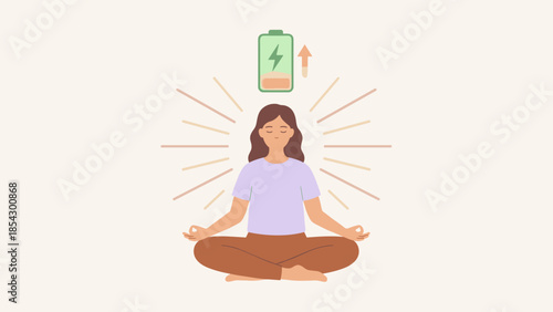 Woman meditating recharging battery energy concept. Mental health wellness. Mindfulness burnout recovery. Girl in lotus yoga pose with power icon. Flat vector illustration design.
