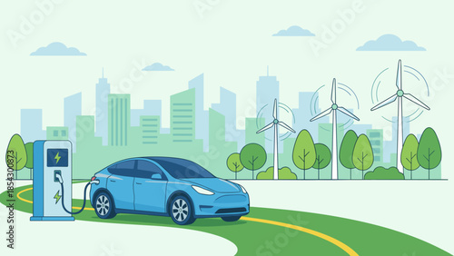 Electric car charging station. Green renewable energy wind turbines. Sustainable city skyline. Eco friendly transport. Modern EV vehicle battery power. Clean zero emission tech.