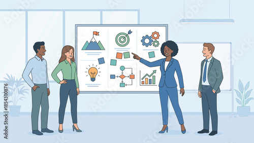 Business meeting presentation. Leader pointing at strategy whiteboard. Strategic planning goals. Corporate management teamwork. Office analysis chart. Success concept. Project planning.