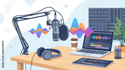 Podcast recording studio desk vector. Professional microphone, headphones, laptop. Audio broadcasting workplace. Digital media creation. Online radio streaming. Sound waves visualization.