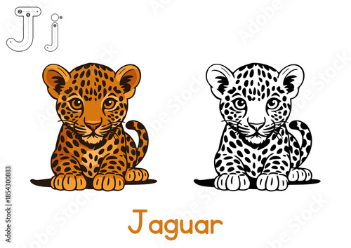 Alphabet coloring page letter J with Jaguar, coloring page for kids, J for Jaguar, J large, Clear letter J next to a friendly cartoon Jaguar, Educational page, Thick outlines, Black and white